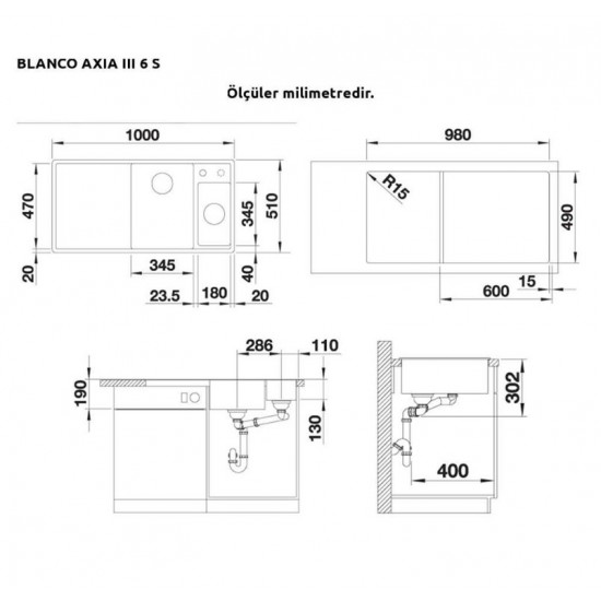 Blanco AXIA III 6S Infino Aksesuarlı Sol Damlalıklı Tartufo Evye - 523480 / Sağ Damlalıklı 524660