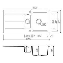 Marmorin Bario 1000 Granit Evye 1,5 Gözlü Damlalıklı Tezgah Üstü Siyah 