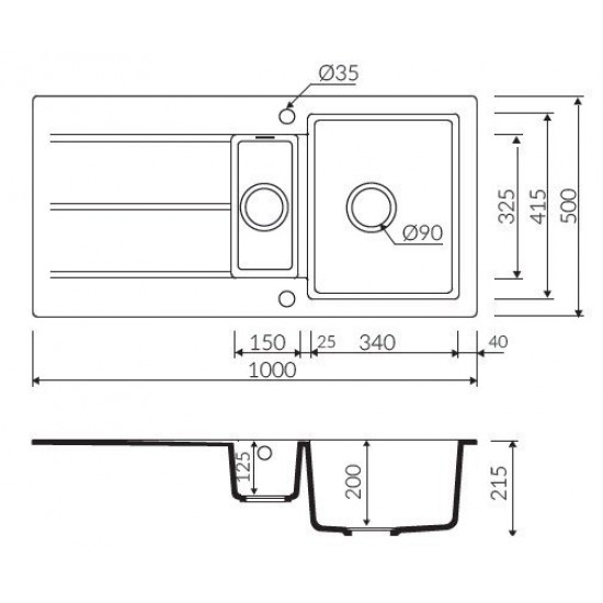 Marmorin Bario 1000 Granit Evye 1,5 Gözlü Damlalıklı Tezgah Üstü Siyah 