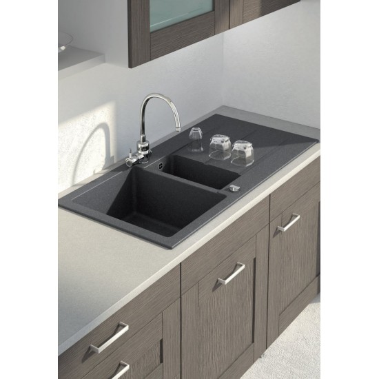 Marmorin Bario 1000 Granit Evye 1,5 Gözlü Damlalıklı Tezgah Üstü Siyah 