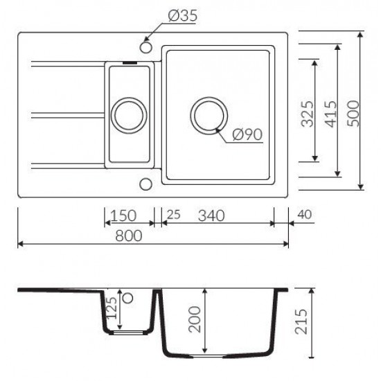 Marmorin Bario 800 Granit Evye 1,5 Gözlü Damlalıklı Tezgah Üstü Siyah
