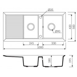 Marmorin Cire 1000 Granit Evye 2 Gözlü Damlalıklı Tezgah Üstü