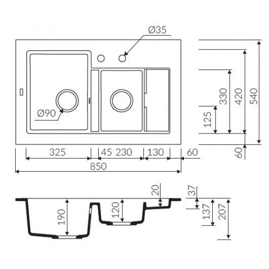 Marmorin Combo 850 Granit Evye 1,5 Gözlü Damlalıklı Tezgah Üstü Siyah