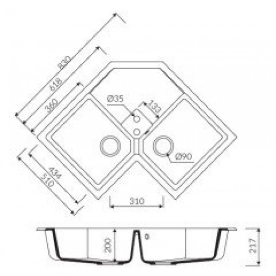Marmorin Debra 830 Granit Köşe Evye 2 Gözlü Damlalıklı Siyah 