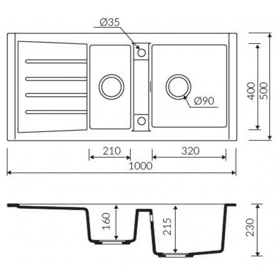 Marmorin Profir 1000 Granit Evye 1,5 Gözlü Damlalıklı Tezgah Üstü Siyah