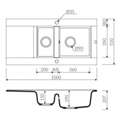Marmorin Voga II 1000 Granit Evye 1,5 Gözlü Tezgah Üstü Damlalıklı Granit Evye